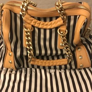 Henri Bendel Brown and White Stripe Barrel Bag